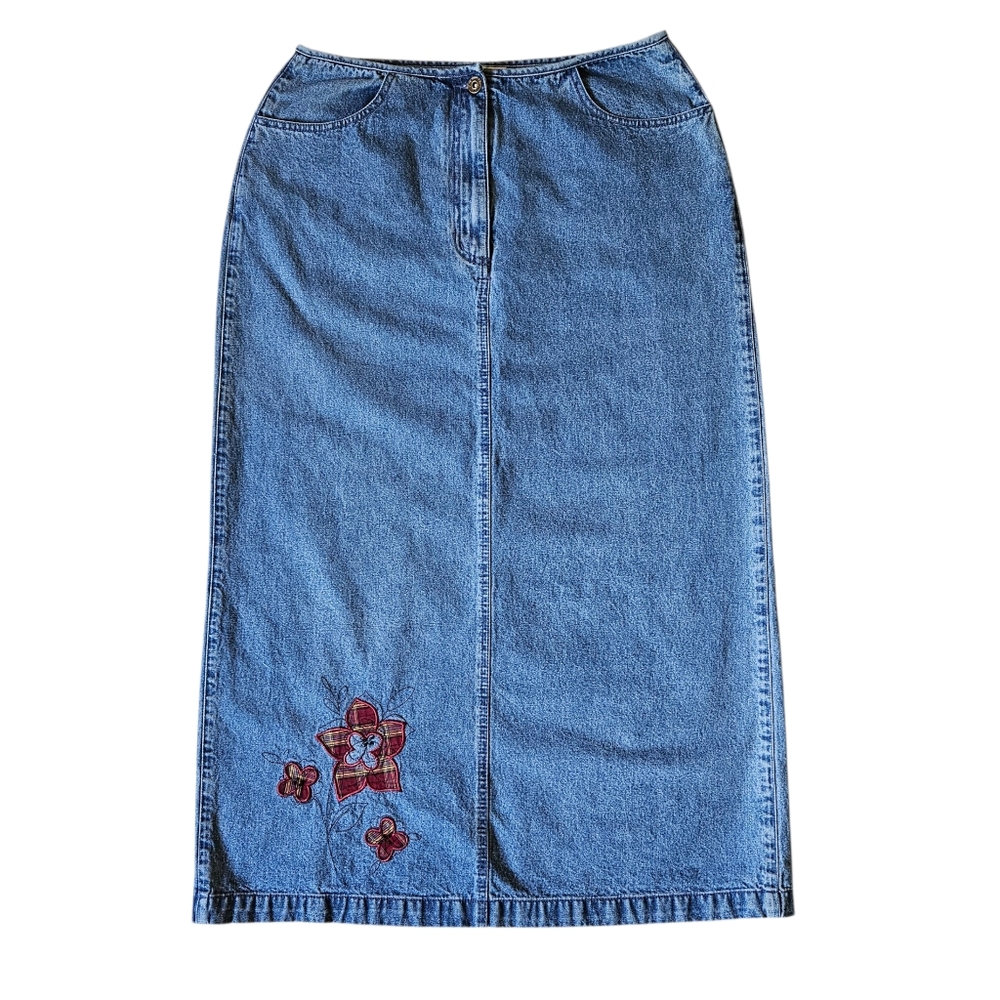 Vintage Christopher & Banks Denim Skirt Floral Embroidery Size 16 Midi Maxi
